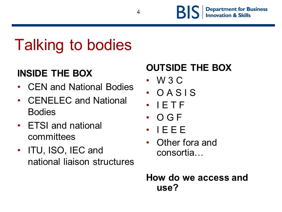 4 Talking to bodies OUTSIDE THE BOX W 3 C O A S I S I E T F O G F I E E E Other fora and consortia… How do we access and use.