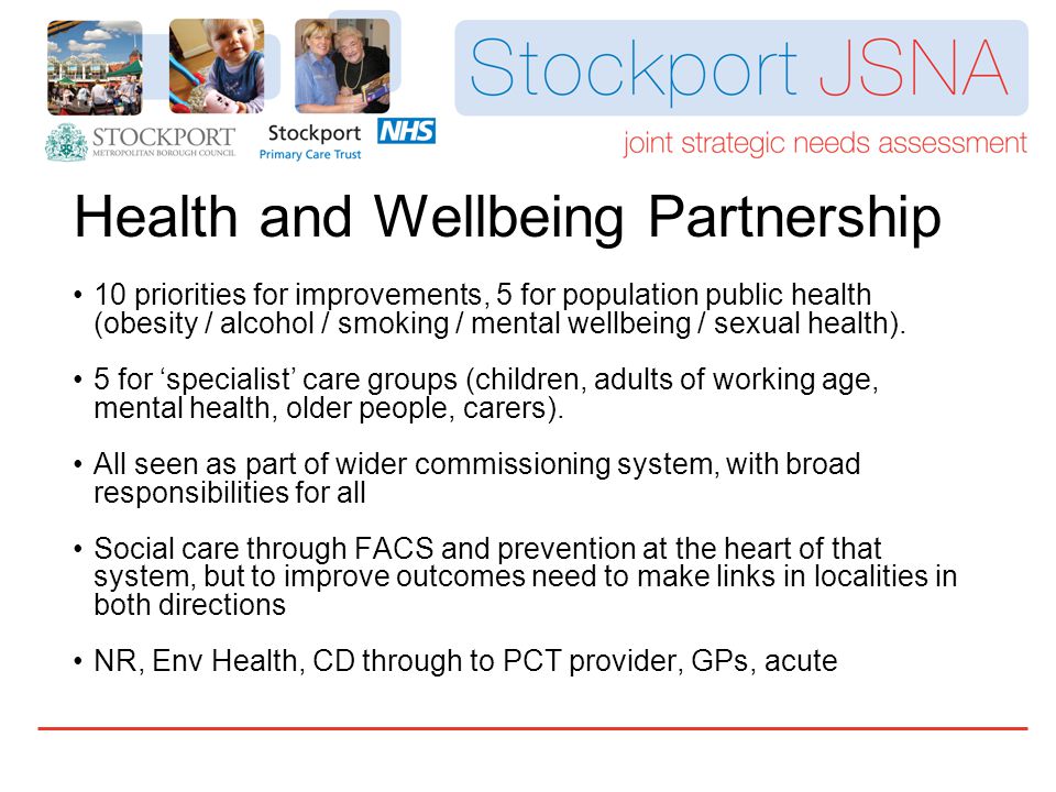 Health and Wellbeing Partnership 10 priorities for improvements, 5 for population public health (obesity / alcohol / smoking / mental wellbeing / sexual health).