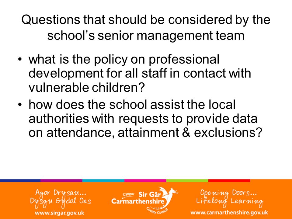 Questions that should be considered by the school’s senior management team what is the policy on professional development for all staff in contact with vulnerable children.