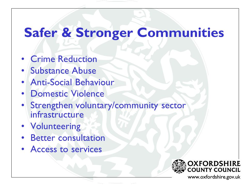 Safer & Stronger Communities Crime Reduction Substance Abuse Anti-Social Behaviour Domestic Violence Strengthen voluntary/community sector infrastructure Volunteering Better consultation Access to services