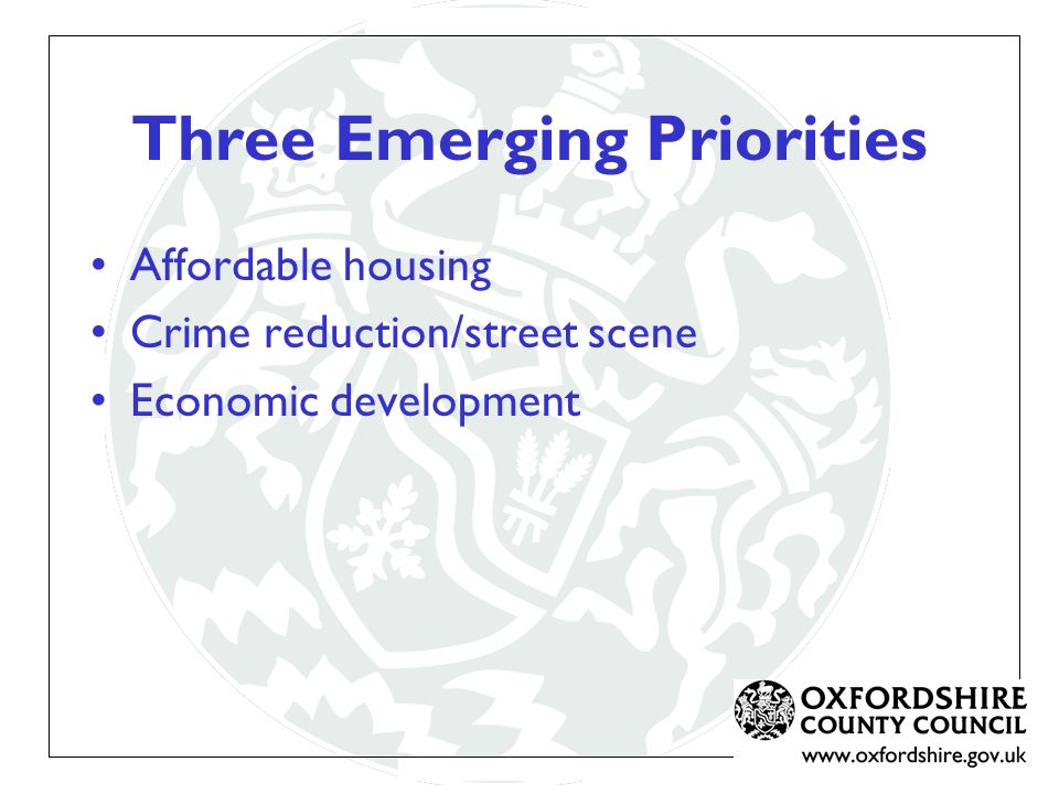 Three Emerging Priorities Affordable housing Crime reduction/street scene Economic development
