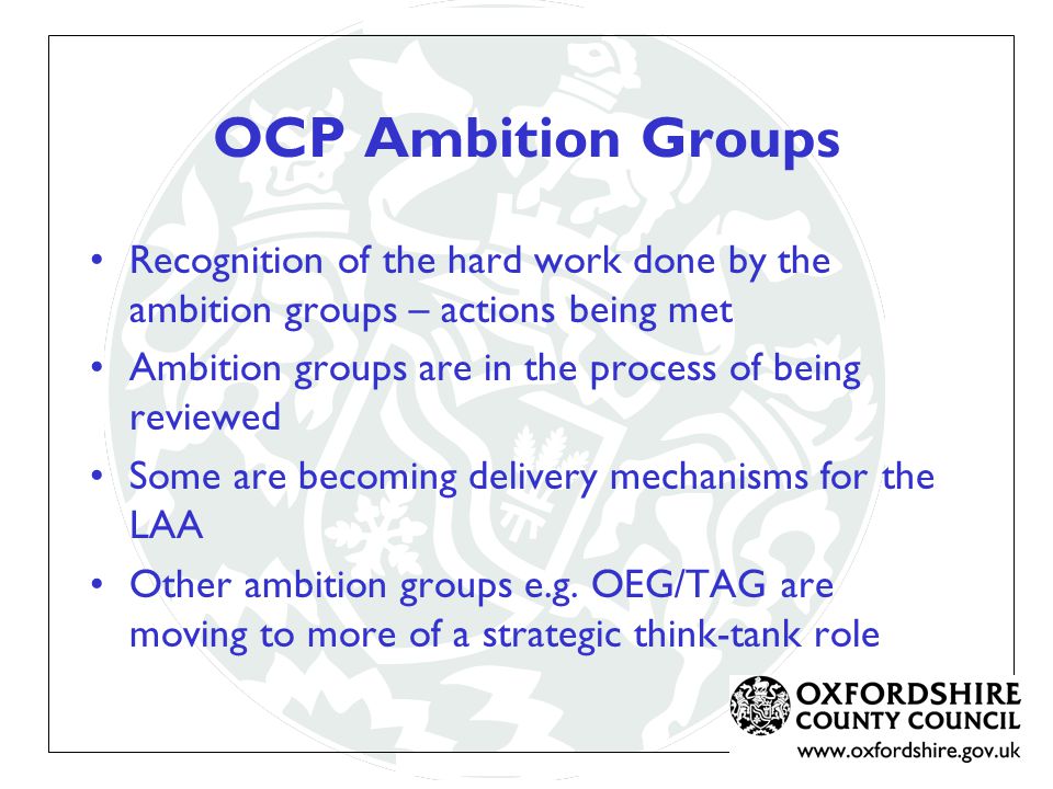 Recognition of the hard work done by the ambition groups – actions being met Ambition groups are in the process of being reviewed Some are becoming delivery mechanisms for the LAA Other ambition groups e.g.