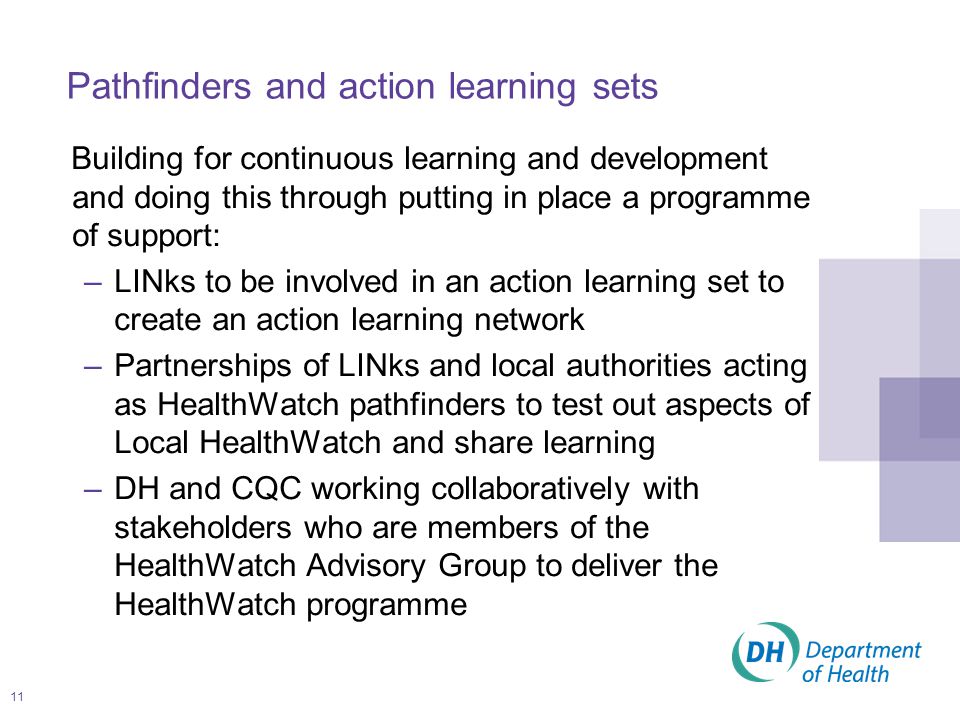 11 Pathfinders and action learning sets Building for continuous learning and development and doing this through putting in place a programme of support: –LINks to be involved in an action learning set to create an action learning network –Partnerships of LINks and local authorities acting as HealthWatch pathfinders to test out aspects of Local HealthWatch and share learning –DH and CQC working collaboratively with stakeholders who are members of the HealthWatch Advisory Group to deliver the HealthWatch programme