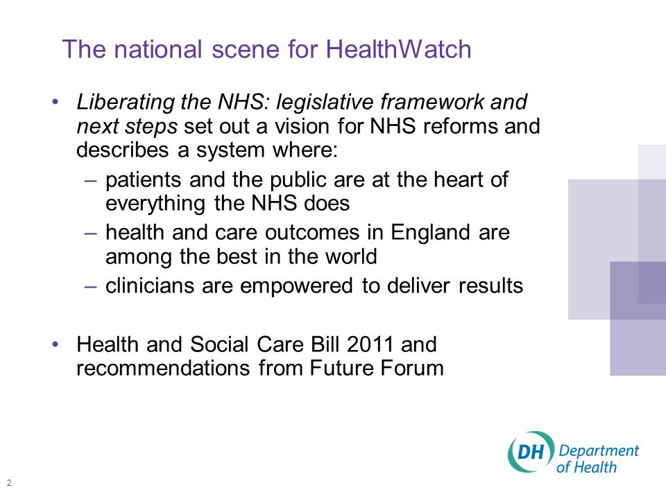 2 The national scene for HealthWatch Liberating the NHS: legislative framework and next steps set out a vision for NHS reforms and describes a system where: –patients and the public are at the heart of everything the NHS does –health and care outcomes in England are among the best in the world –clinicians are empowered to deliver results Health and Social Care Bill 2011 and recommendations from Future Forum