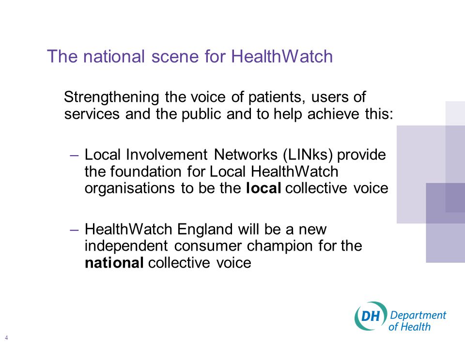 4 Strengthening the voice of patients, users of services and the public and to help achieve this: –Local Involvement Networks (LINks) provide the foundation for Local HealthWatch organisations to be the local collective voice –HealthWatch England will be a new independent consumer champion for the national collective voice The national scene for HealthWatch