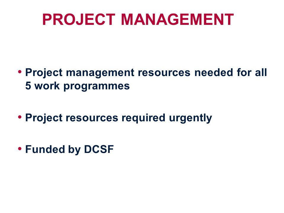 PROJECT MANAGEMENT Project management resources needed for all 5 work programmes Project resources required urgently Funded by DCSF
