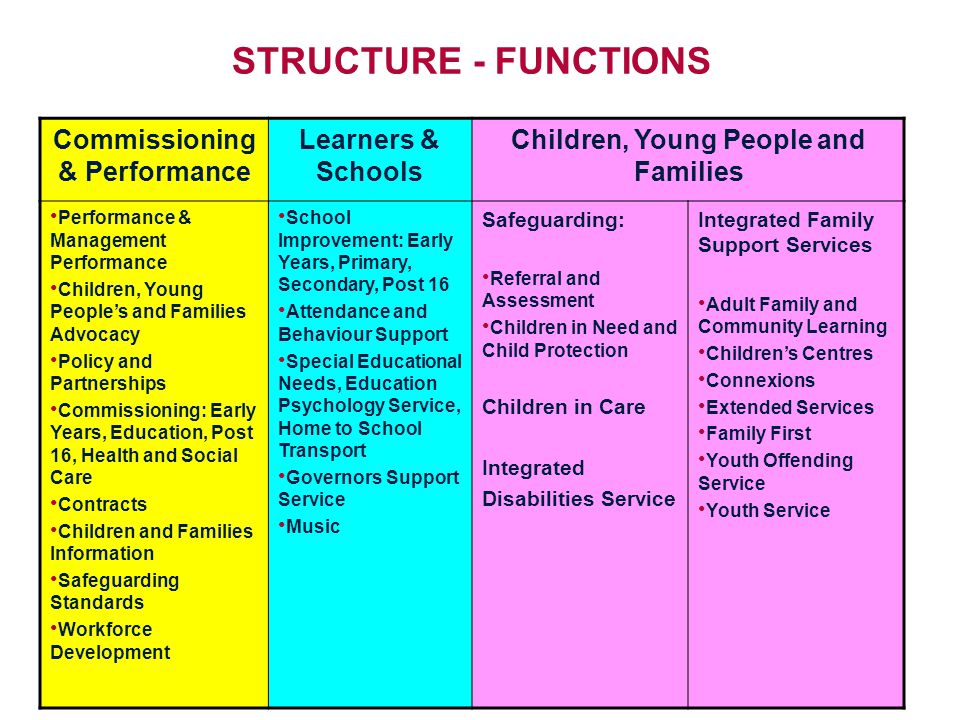 STRUCTURE - FUNCTIONS Commissioning & Performance Learners & Schools Children, Young People and Families Performance & Management Performance Children, Young People’s and Families Advocacy Policy and Partnerships Commissioning: Early Years, Education, Post 16, Health and Social Care Contracts Children and Families Information Safeguarding Standards Workforce Development School Improvement: Early Years, Primary, Secondary, Post 16 Attendance and Behaviour Support Special Educational Needs, Education Psychology Service, Home to School Transport Governors Support Service Music Safeguarding: Referral and Assessment Children in Need and Child Protection Children in Care Integrated Disabilities Service Integrated Family Support Services Adult Family and Community Learning Children’s Centres Connexions Extended Services Family First Youth Offending Service Youth Service