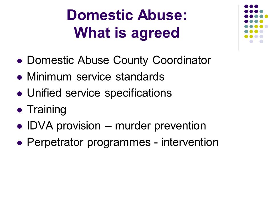 Domestic Abuse: What is agreed Domestic Abuse County Coordinator Minimum service standards Unified service specifications Training IDVA provision – murder prevention Perpetrator programmes - intervention