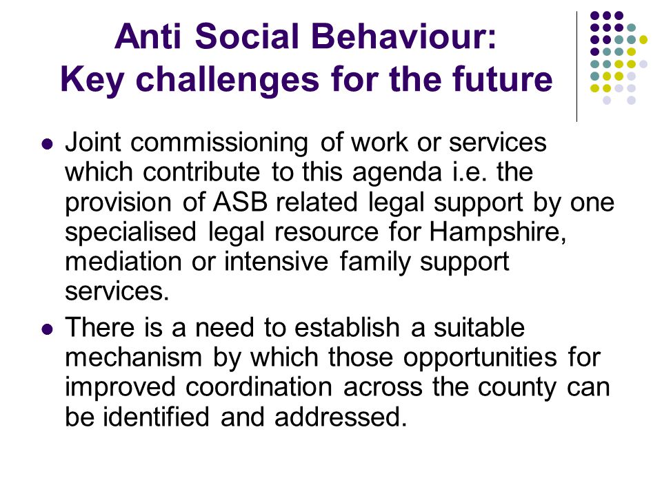 Anti Social Behaviour: Key challenges for the future Joint commissioning of work or services which contribute to this agenda i.e.