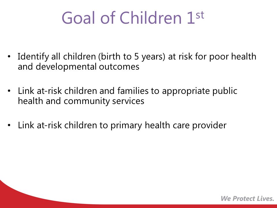 Goal of Children 1 st Identify all children (birth to 5 years) at risk for poor health and developmental outcomes Link at-risk children and families to appropriate public health and community services Link at-risk children to primary health care provider
