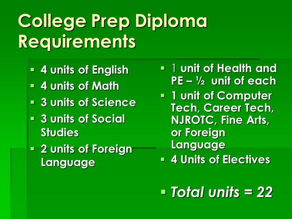 College Prep Diploma Requirements  4 units of English  4 units of Math  3 units of Science  3 units of Social Studies  2 units of Foreign Language  1 unit of Health and PE – ½ unit of each  1 unit of Computer Tech, Career Tech, NJROTC, Fine Arts, or Foreign Language  4 Units of Electives  Total units = 22