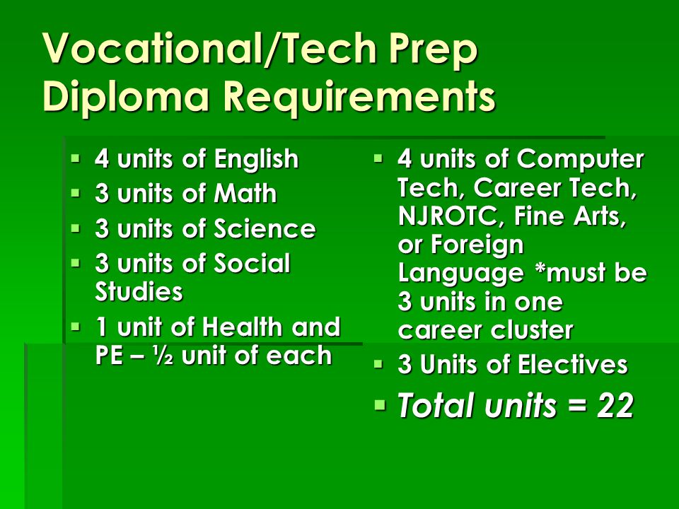 Vocational/Tech Prep Diploma Requirements  4 units of English  3 units of Math  3 units of Science  3 units of Social Studies  1 unit of Health and PE – ½ unit of each  4 units of Computer Tech, Career Tech, NJROTC, Fine Arts, or Foreign Language *must be 3 units in one career cluster  3 Units of Electives  Total units = 22