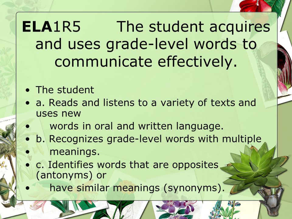 ELA1R5 The student acquires and uses grade-level words to communicate effectively.