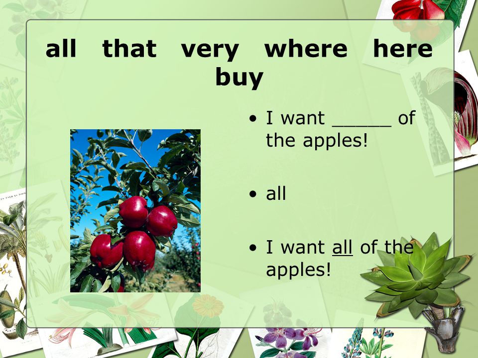 all that very where here buy I want _____ of the apples! all I want all of the apples!