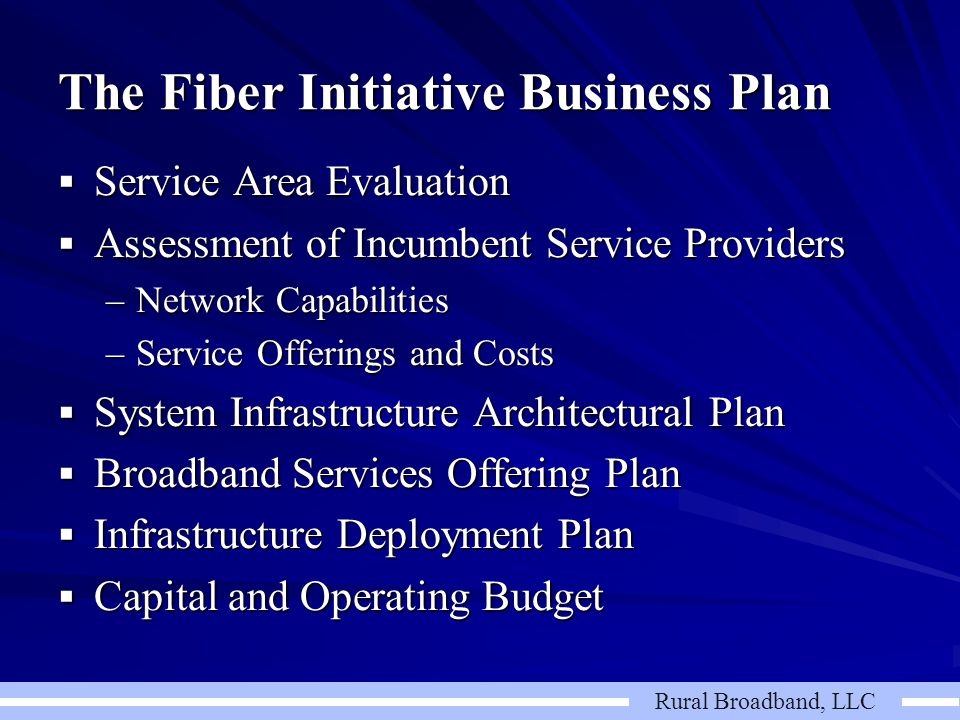 Rural Broadband, LLC The Fiber Initiative Business Plan  Service Area Evaluation  Assessment of Incumbent Service Providers –Network Capabilities –Service Offerings and Costs  System Infrastructure Architectural Plan  Broadband Services Offering Plan  Infrastructure Deployment Plan  Capital and Operating Budget