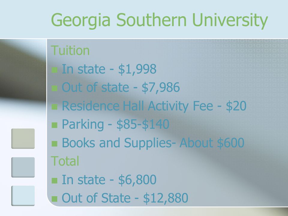 Georgia Southern University Tuition In state - $1,998 Out of state - $7,986 Residence Hall Activity Fee - $20 Parking - $85-$140 Books and Supplies- About $600 Total In state - $6,800 Out of State - $12,880