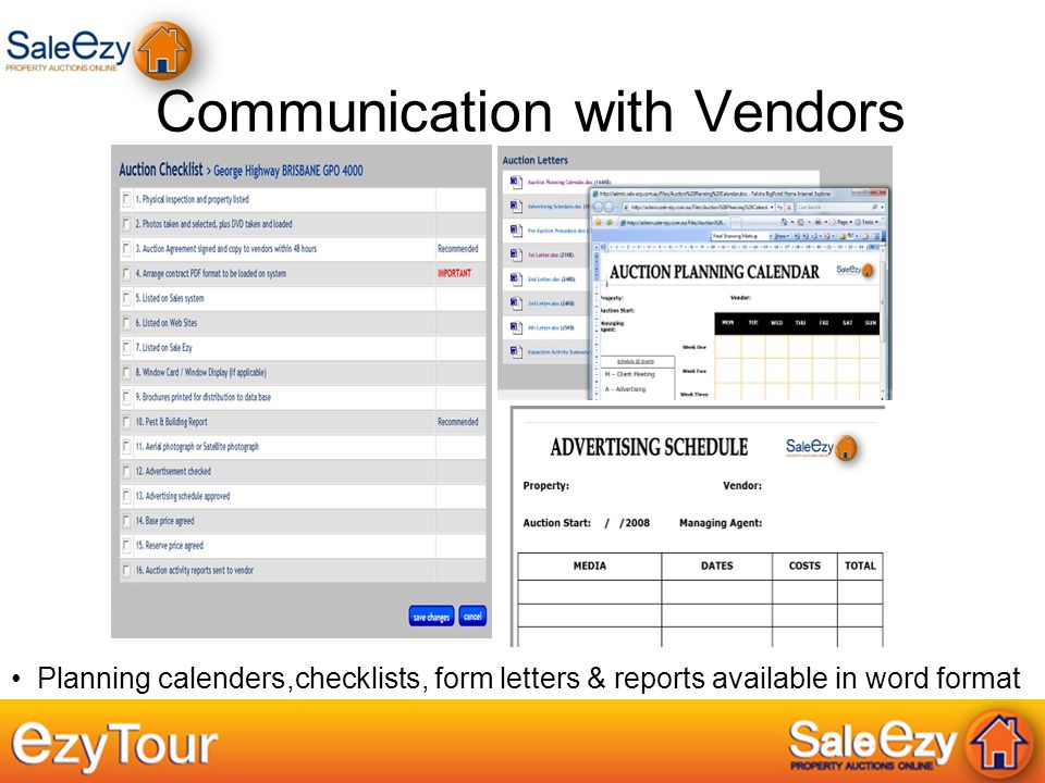 Communication with Vendors Planning calenders,checklists, form letters & reports available in word format