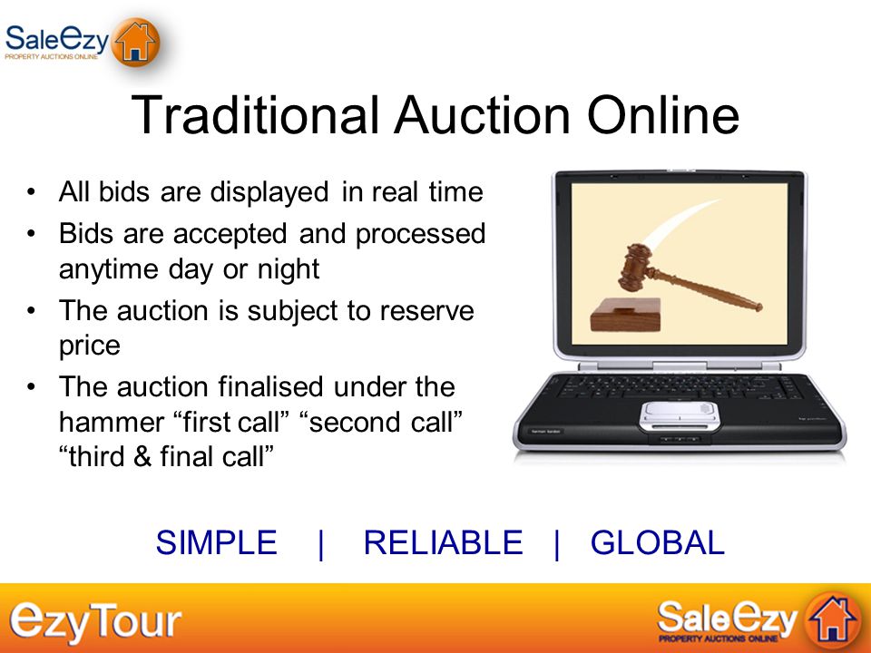 Traditional Auction Online All bids are displayed in real time Bids are accepted and processed anytime day or night The auction is subject to reserve price The auction finalised under the hammer first call second call third & final call SIMPLE | RELIABLE | GLOBAL