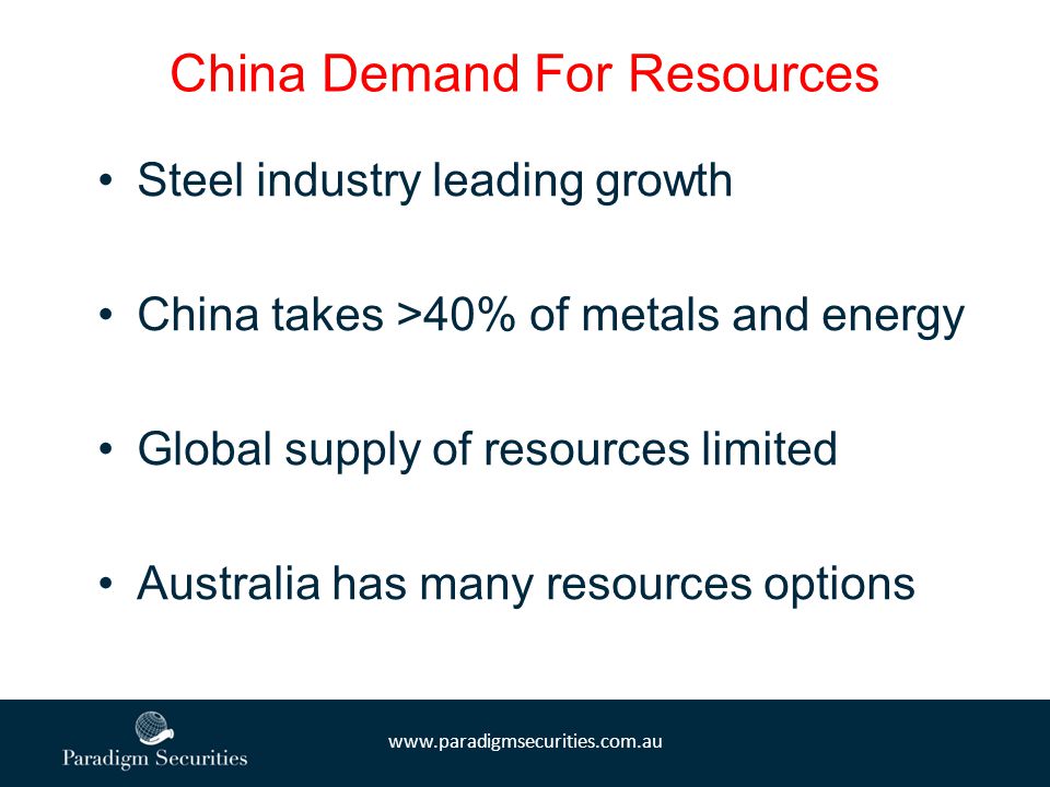 China Demand For Resources Steel industry leading growth China takes >40% of metals and energy Global supply of resources limited Australia has many resources options