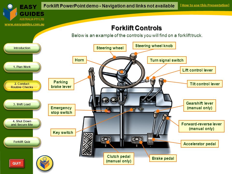 Introduction 1 Plan Work 2 Conduct Routine Checks 3 Shift Load 4 Shut Down And Secure Site Forklift Quiz Quitquit Easy Guides Australia Pty Ltd Prevnext Ppt Download