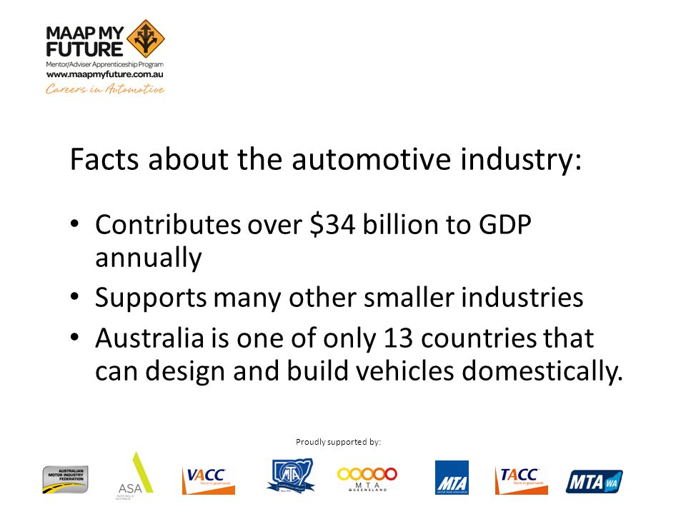 Proudly supported by: Facts about the automotive industry: Contributes over $34 billion to GDP annually Supports many other smaller industries Australia is one of only 13 countries that can design and build vehicles domestically.