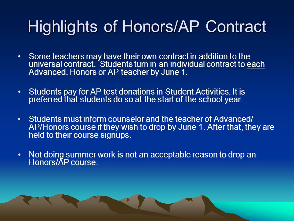 Highlights of Honors/AP Contract Some teachers may have their own contract in addition to the universal contract.