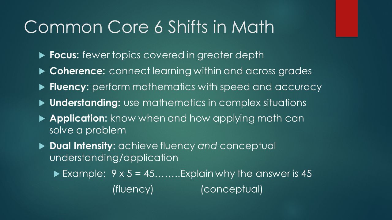 Common Core 6 Shifts in Math  Focus: fewer topics covered in greater depth  Coherence: connect learning within and across grades  Fluency: perform mathematics with speed and accuracy  Understanding: use mathematics in complex situations  Application: know when and how applying math can solve a problem  Dual Intensity: achieve fluency and conceptual understanding/application  Example: 9 x 5 = 45……..Explain why the answer is 45 (fluency)(conceptual)