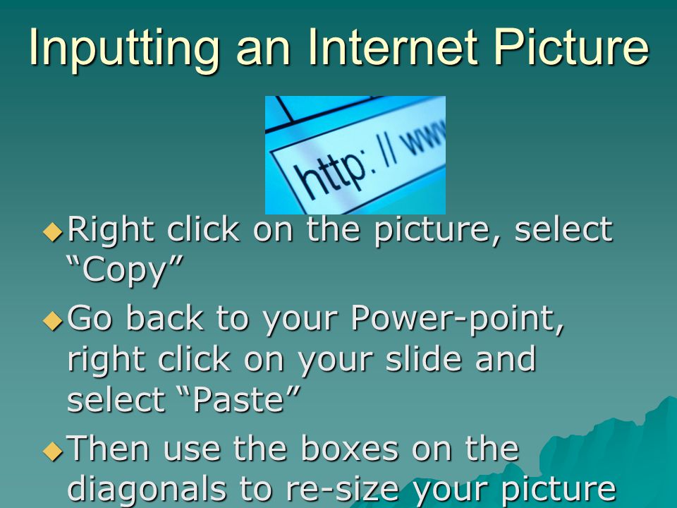 Inputting an Internet Picture  Go to Google on the internet Google  Select Images from the screen menu  Type in the key words for your words for your definition definition  Scroll through the pictures the pictures and find one and find one for your slide for your slide