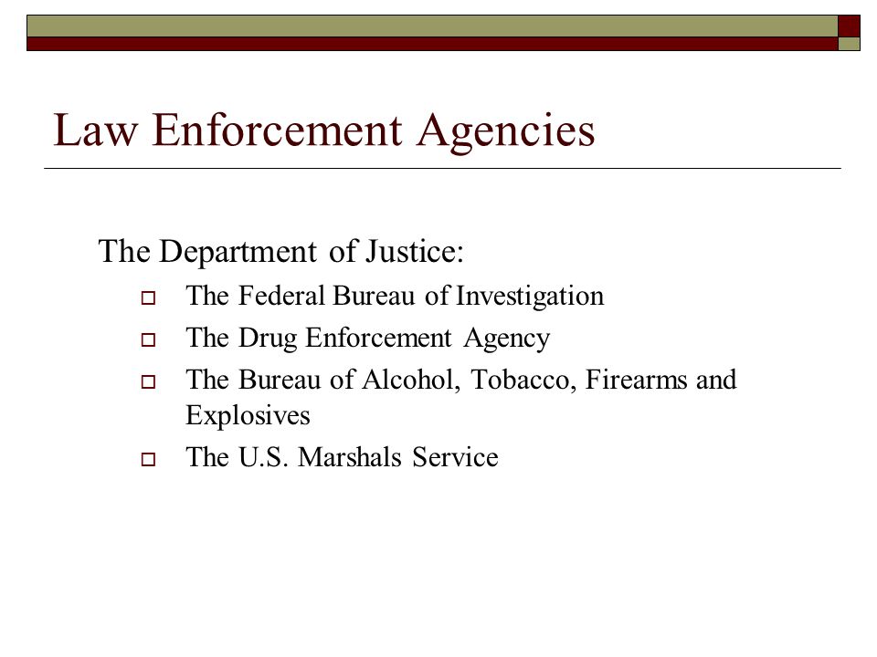 Law Enforcement Agencies The Department of Justice:  The Federal Bureau of Investigation  The Drug Enforcement Agency  The Bureau of Alcohol, Tobacco, Firearms and Explosives  The U.S.