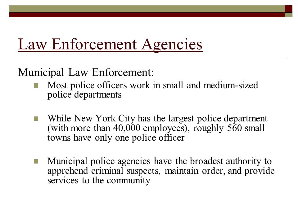 Law Enforcement Agencies Municipal Law Enforcement: Most police officers work in small and medium-sized police departments While New York City has the largest police department (with more than 40,000 employees), roughly 560 small towns have only one police officer Municipal police agencies have the broadest authority to apprehend criminal suspects, maintain order, and provide services to the community