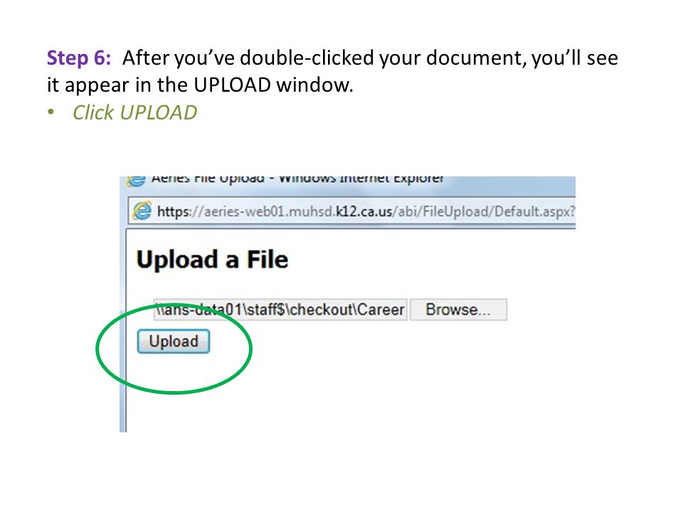 Step 6: After you’ve double-clicked your document, you’ll see it appear in the UPLOAD window.