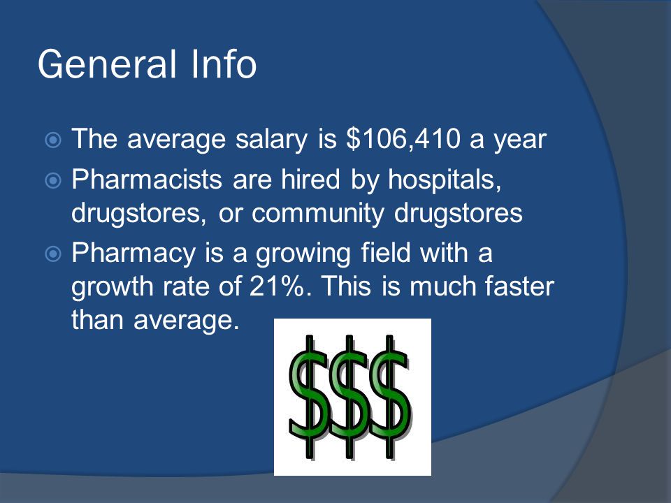 General Info  The average salary is $106,410 a year  Pharmacists are hired by hospitals, drugstores, or community drugstores  Pharmacy is a growing field with a growth rate of 21%.