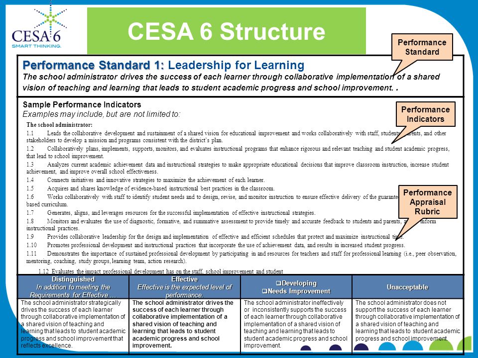CESA 6 Structure Sample Performance Indicators Examples may include, but are not limited to: The school administrator: 1.1Leads the collaborative development and sustainment of a shared vision for educational improvement and works collaboratively with staff, students, parents, and other stakeholders to develop a mission and programs consistent with the district’s plan.
