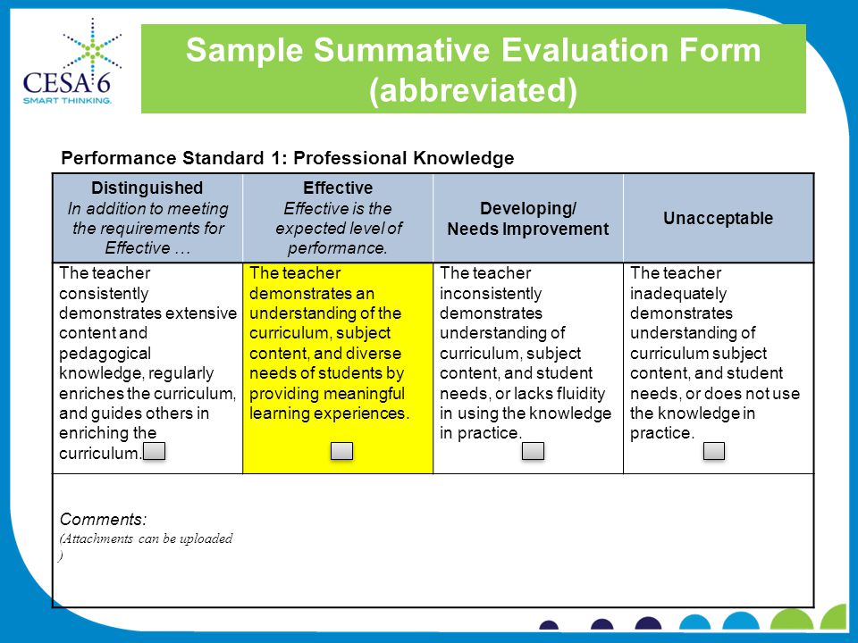 Sample Summative Evaluation Form (abbreviated) Distinguished In addition to meeting the requirements for Effective … Effective Effective is the expected level of performance.