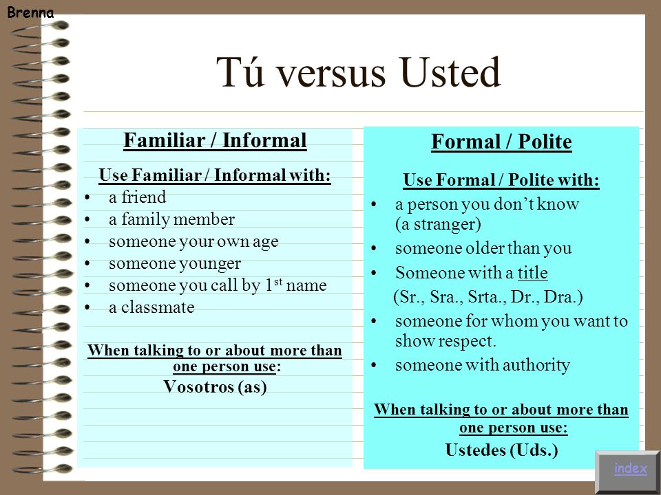 Tú versus Usted Familiar / Informal Use Familiar / Informal with: a friend a family member someone your own age someone younger someone you call by 1 st name a classmate When talking to or about more than one person use: Vosotros (as) Formal / Polite Use Formal / Polite with: a person you don’t know (a stranger) someone older than you Someone with a title (Sr., Sra., Srta., Dr., Dra.) someone for whom you want to show respect.