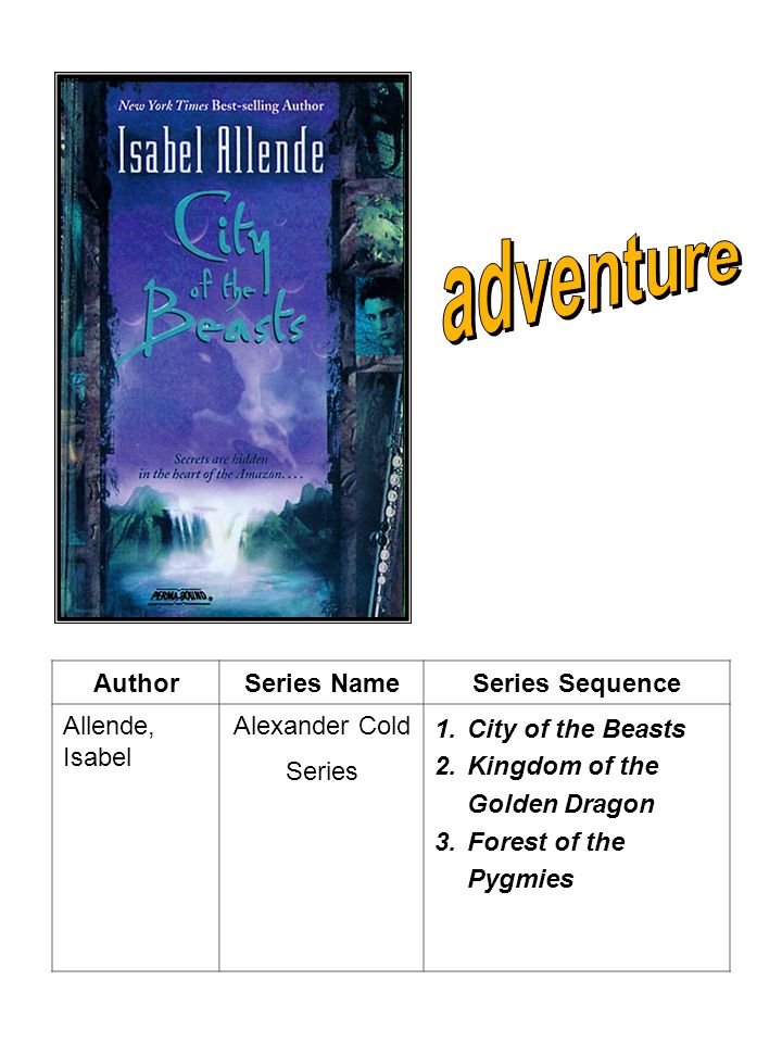 AuthorSeries NameSeries Sequence Allende, Isabel Alexander Cold Series 1.City of the Beasts 2.Kingdom of the Golden Dragon 3.Forest of the Pygmies