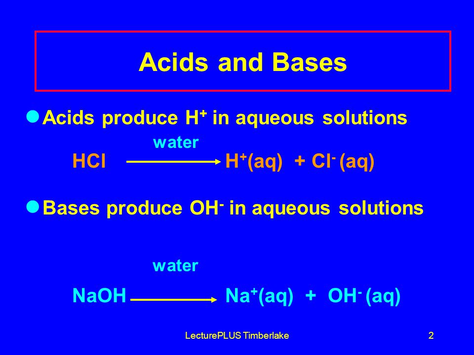 LecturePLUS Timberlake2 Acids and Bases Acids produce H + in aqueous solutions water HCl H + (aq) + Cl - (aq) Bases produce OH - in aqueous solutions water NaOH Na + (aq) + OH - (aq)