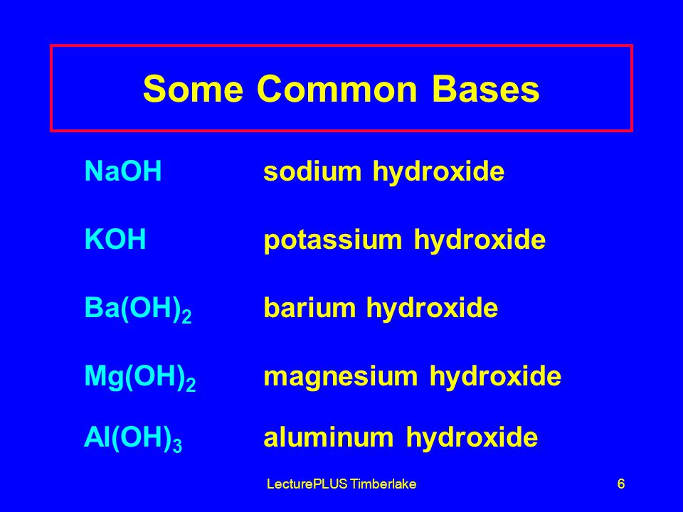 LecturePLUS Timberlake6 Some Common Bases NaOHsodium hydroxide KOH potassium hydroxide Ba(OH) 2 barium hydroxide Mg(OH) 2 magnesium hydroxide Al(OH) 3 aluminum hydroxide