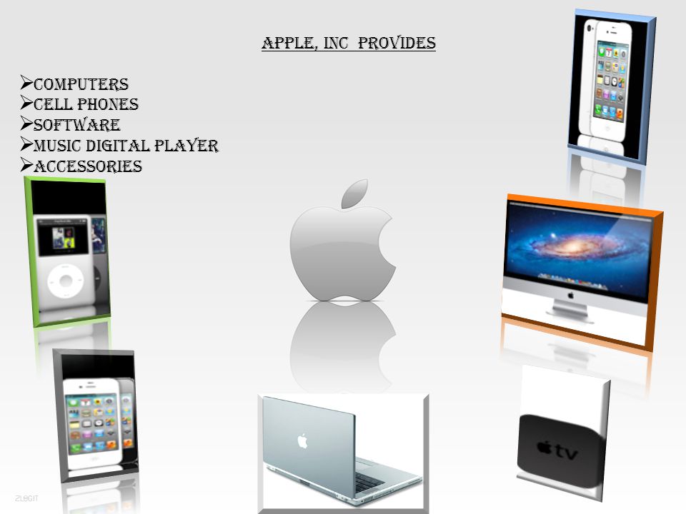 Apple, inc provides  Computers  Cell phones  Software  Music digital player  Accessories