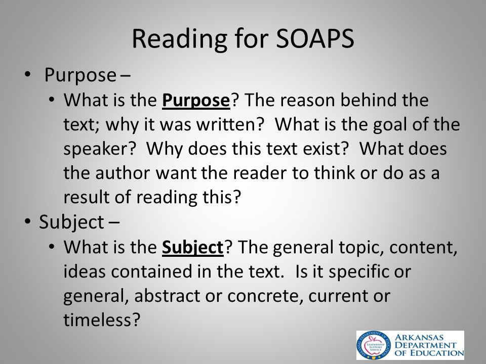 Reading for SOAPS Purpose – What is the Purpose. The reason behind the text; why it was written.