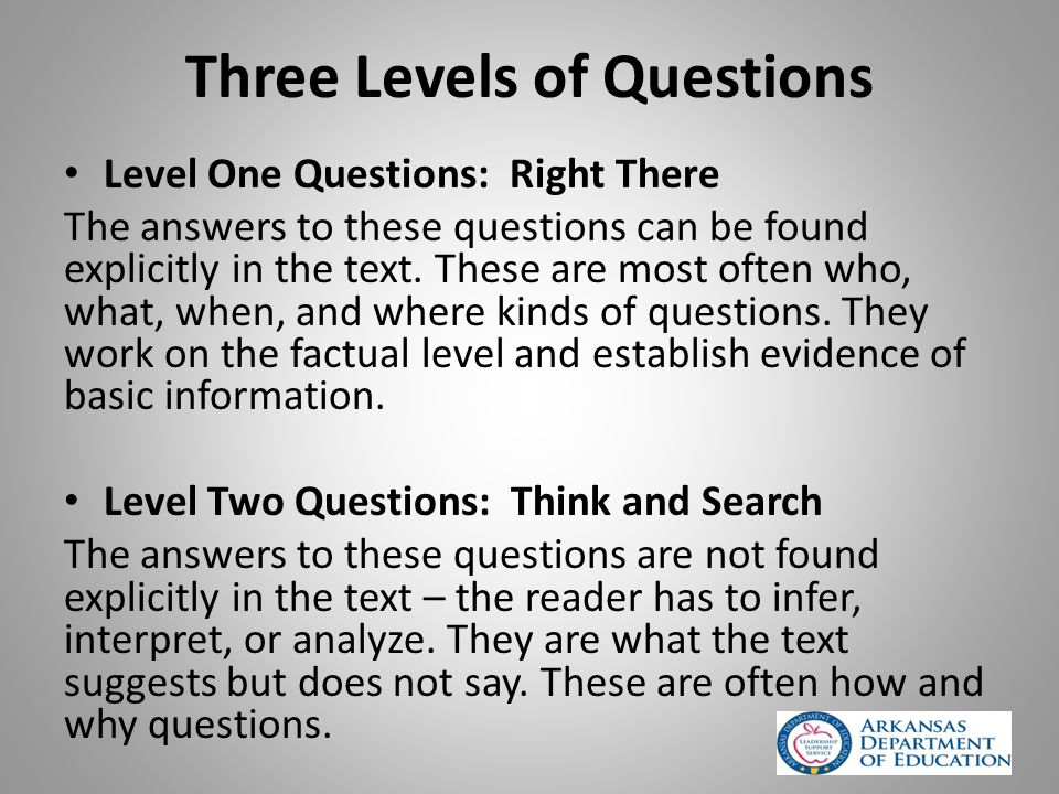 Three Levels of Questions Level One Questions: Right There The answers to these questions can be found explicitly in the text.