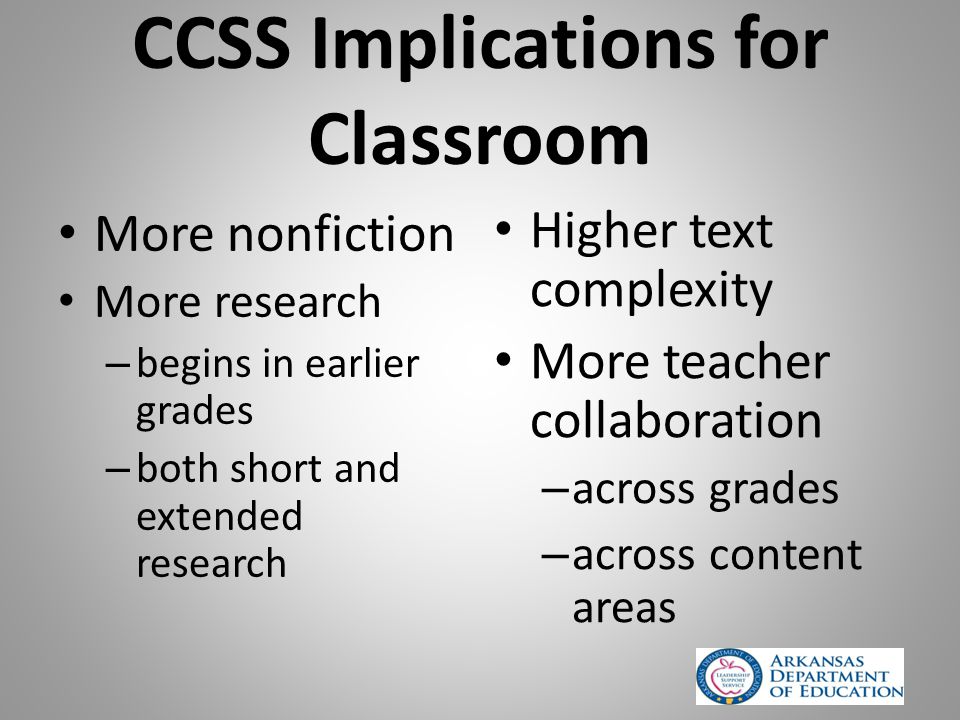 CCSS Implications for Classroom More nonfiction More research – begins in earlier grades – both short and extended research Higher text complexity More teacher collaboration – across grades – across content areas