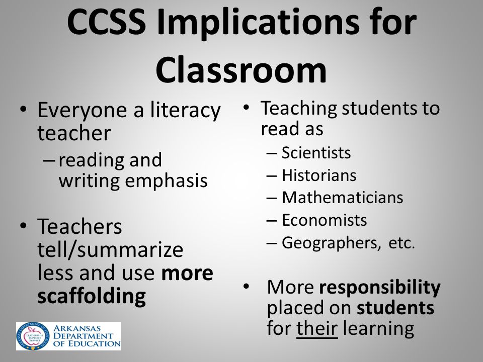 CCSS Implications for Classroom Everyone a literacy teacher – reading and writing emphasis Teachers tell/summarize less and use more scaffolding Teaching students to read as – Scientists – Historians – Mathematicians – Economists – Geographers, etc.