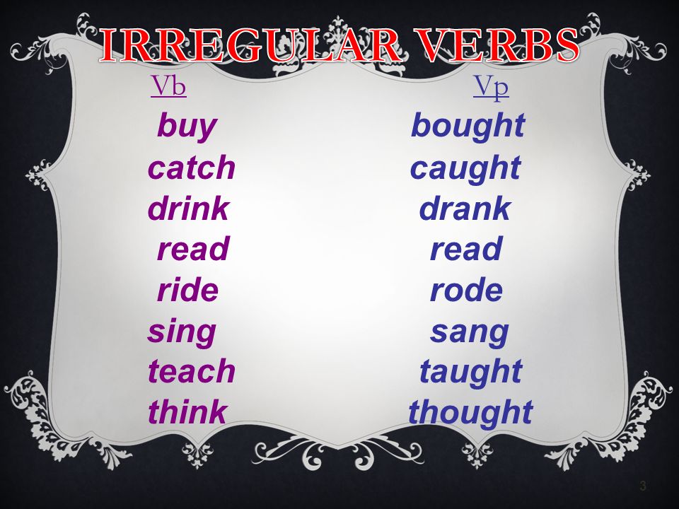 3 Vb Vp buy bought catch caught drink drank read read ride rode sing sang teach taught think thought