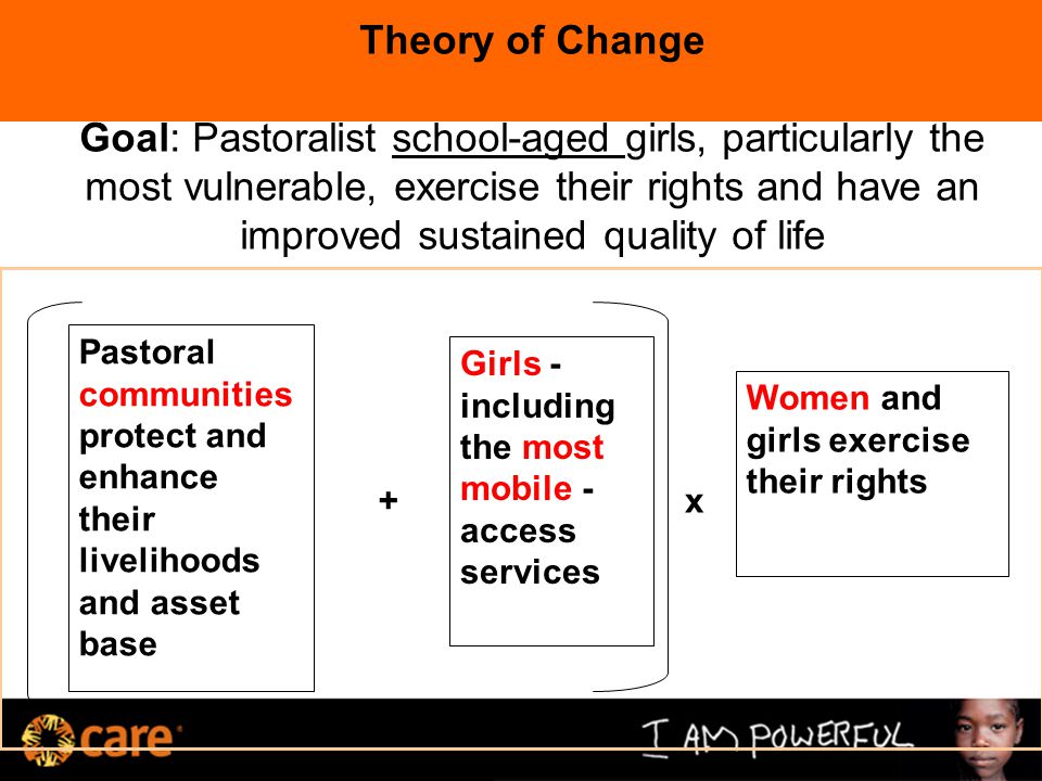 Theory of Change Goal: Pastoralist school-aged girls, particularly the most vulnerable, exercise their rights and have an improved sustained quality of life Pastoral communities protect and enhance their livelihoods and asset base Girls - including the most mobile - access services Women and girls exercise their rights x+