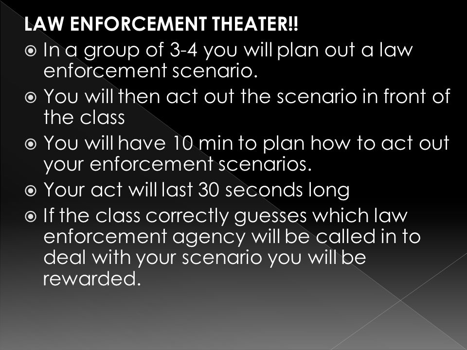 LAW ENFORCEMENT THEATER!.  In a group of 3-4 you will plan out a law enforcement scenario.