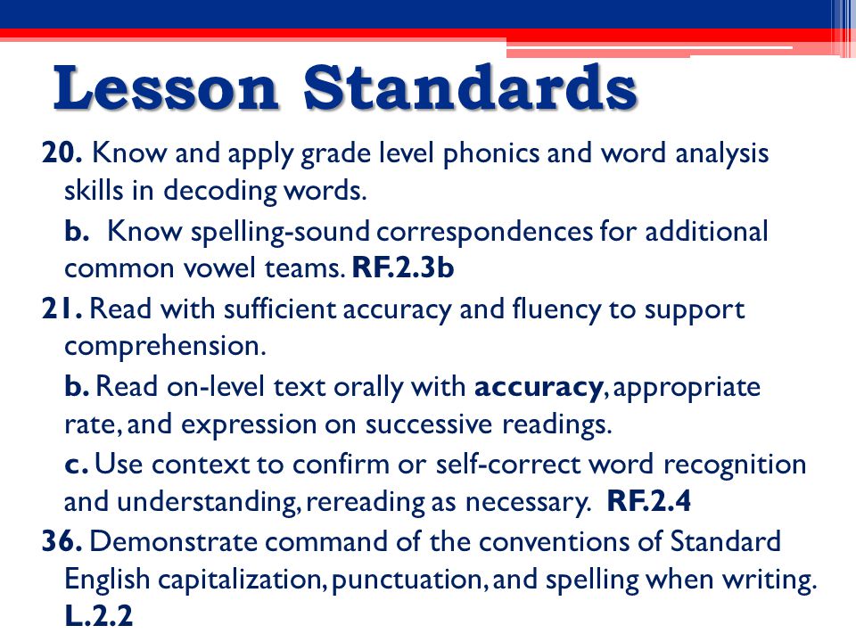 Lesson Standards 20. Know and apply grade level phonics and word analysis skills in decoding words.