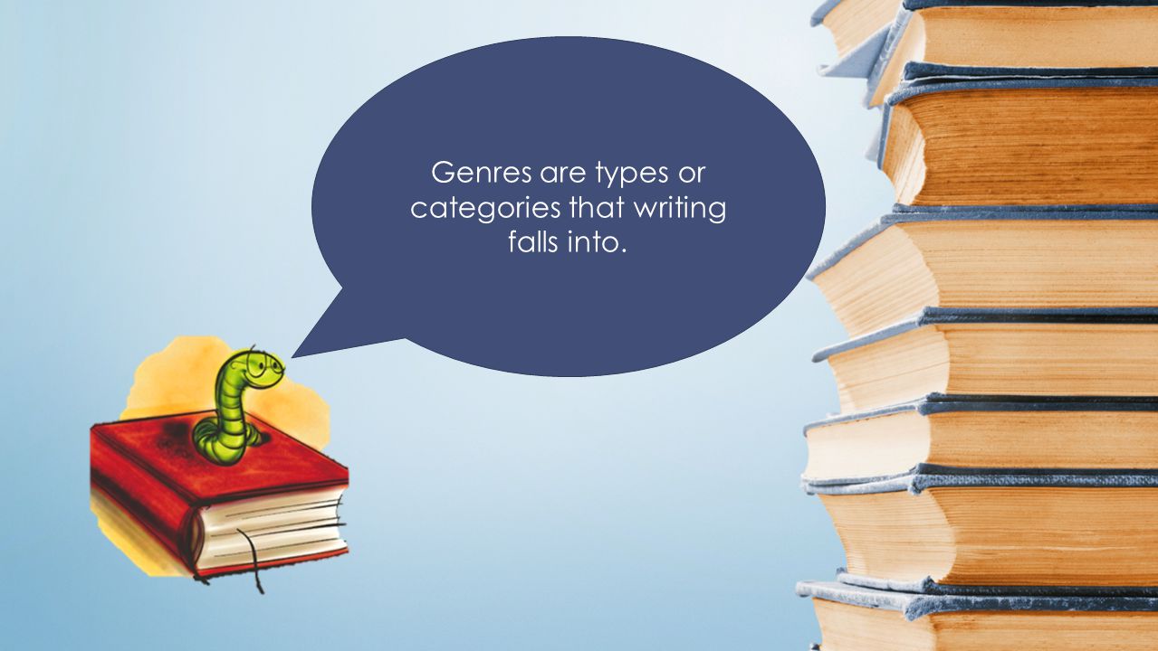 Genres are types or categories that writing falls into.