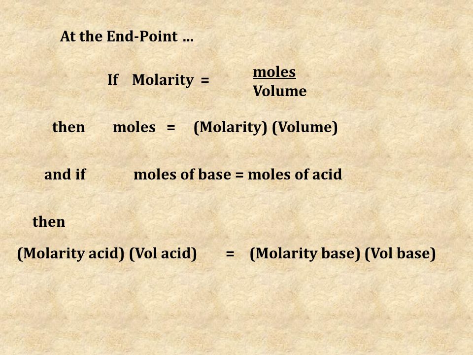 At the End-Point … and if moles of base = moles of acid If Molarity = moles Volume then (Molarity acid) (Vol acid)=(Molarity base) (Vol base) then moles = (Molarity) (Volume)