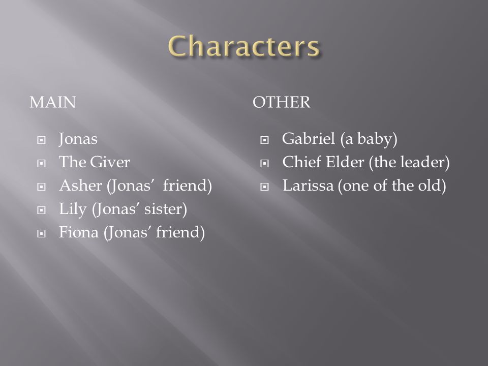 MAINOTHER  Jonas  The Giver  Asher (Jonas’ friend)  Lily (Jonas’ sister)  Fiona (Jonas’ friend)  Gabriel (a baby)  Chief Elder (the leader)  Larissa (one of the old)